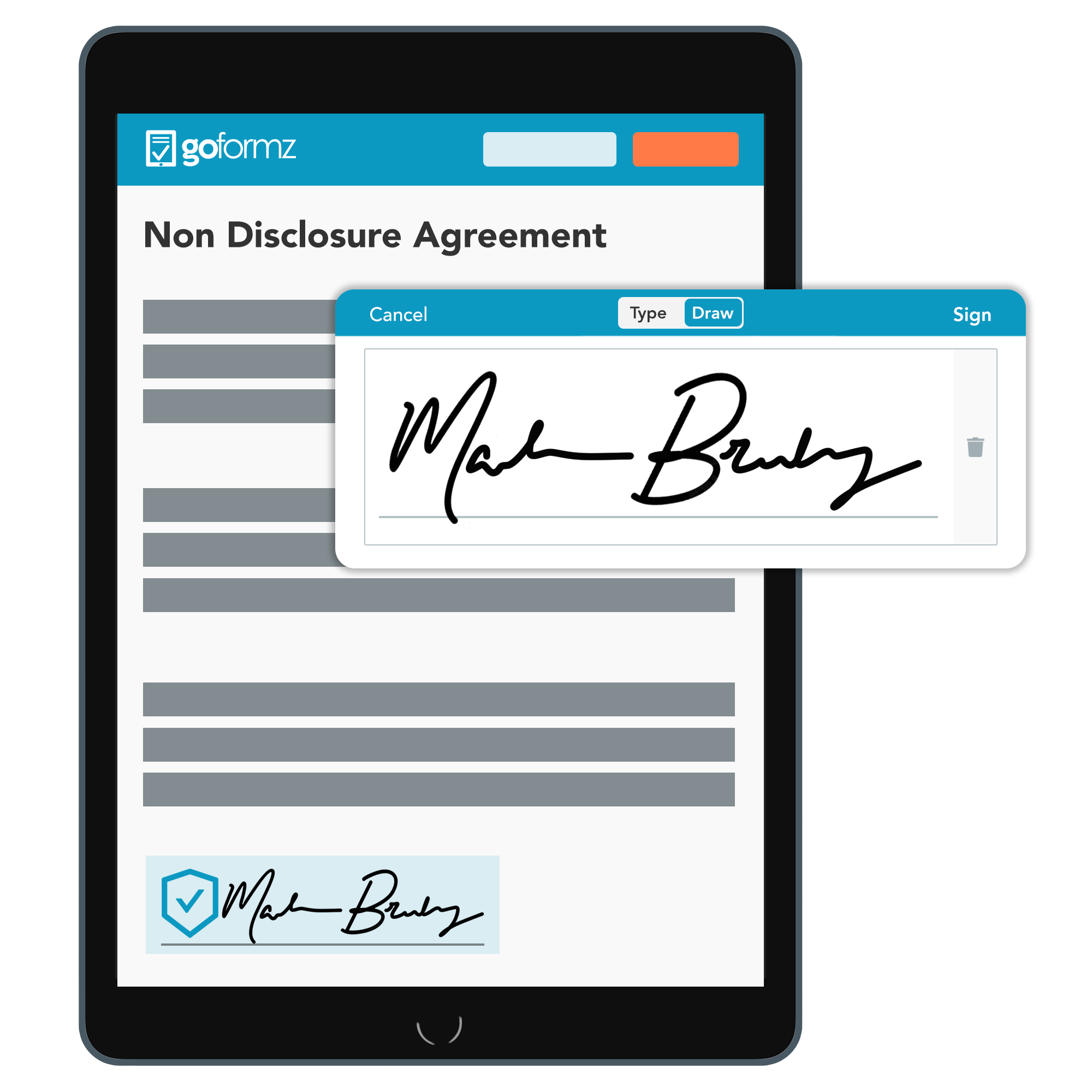 A graphic showing a screenshot of a GoFormz report with depiction of conditional logic of an ipad