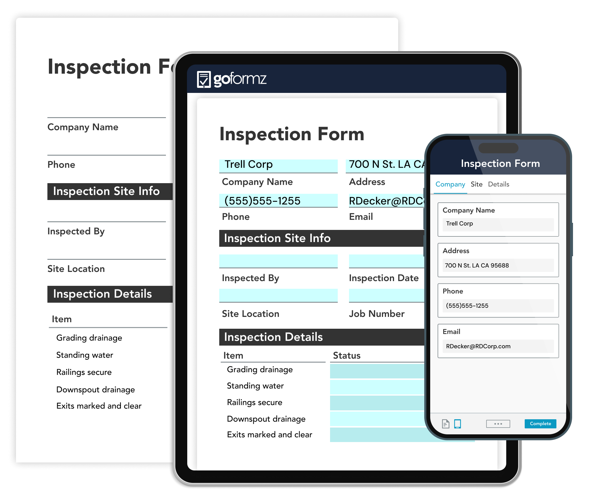 GoFormz digital inspection form displayed across a tablet, phone, and desktop