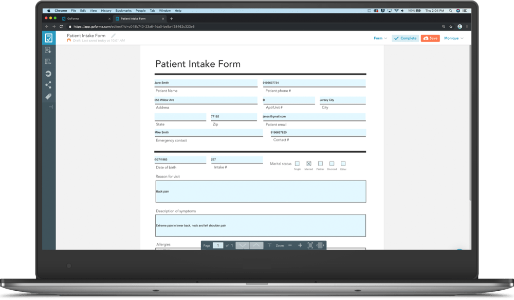 A patient intake form being filled out on a laptop