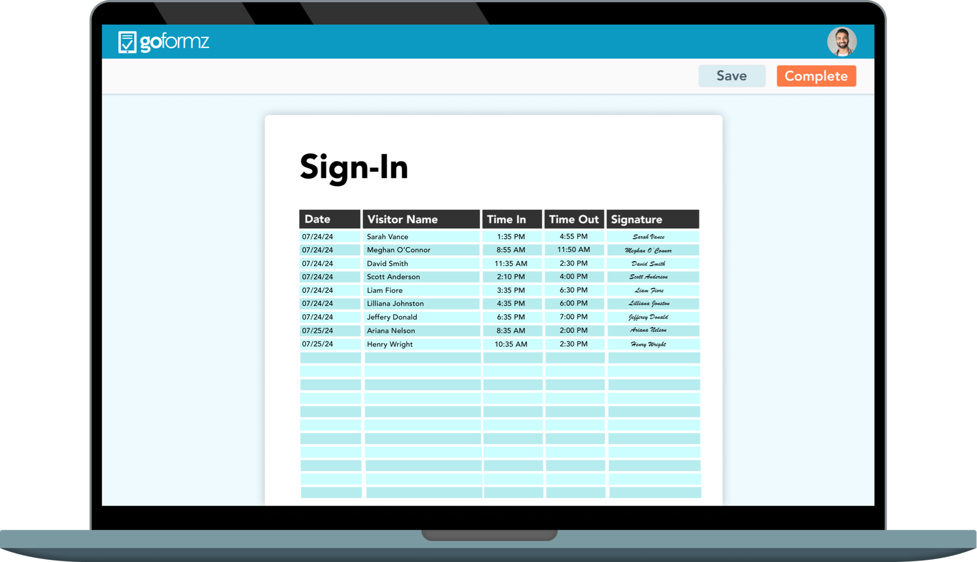 A digital sign-in sheet being filled out on a laptop