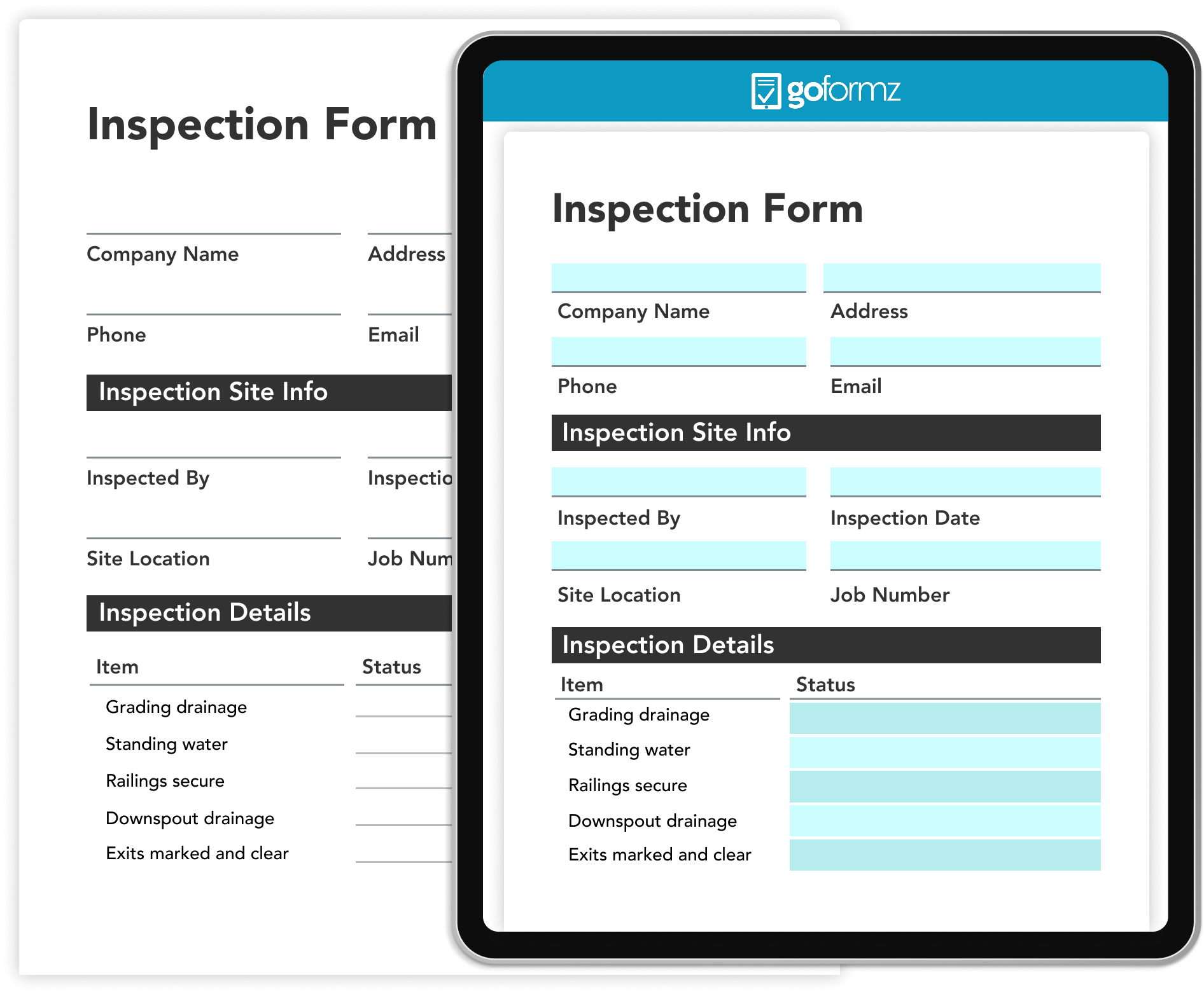Paper inspection checklist beside its identical digital inspection form on a tablet, highlighting GoFormz exact replication for field audits.