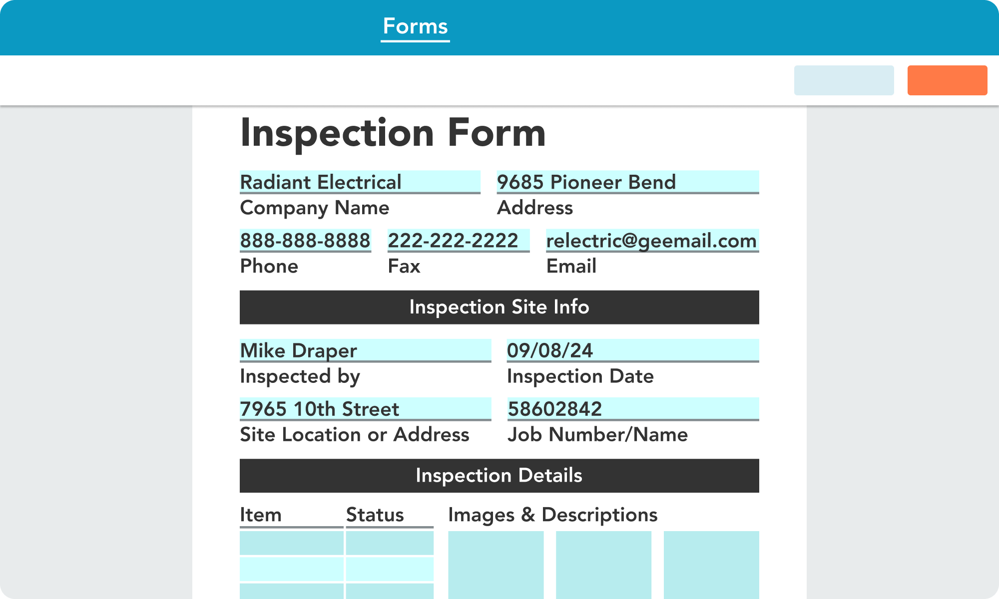 invoice signature image, a map field, and an electronic signature.