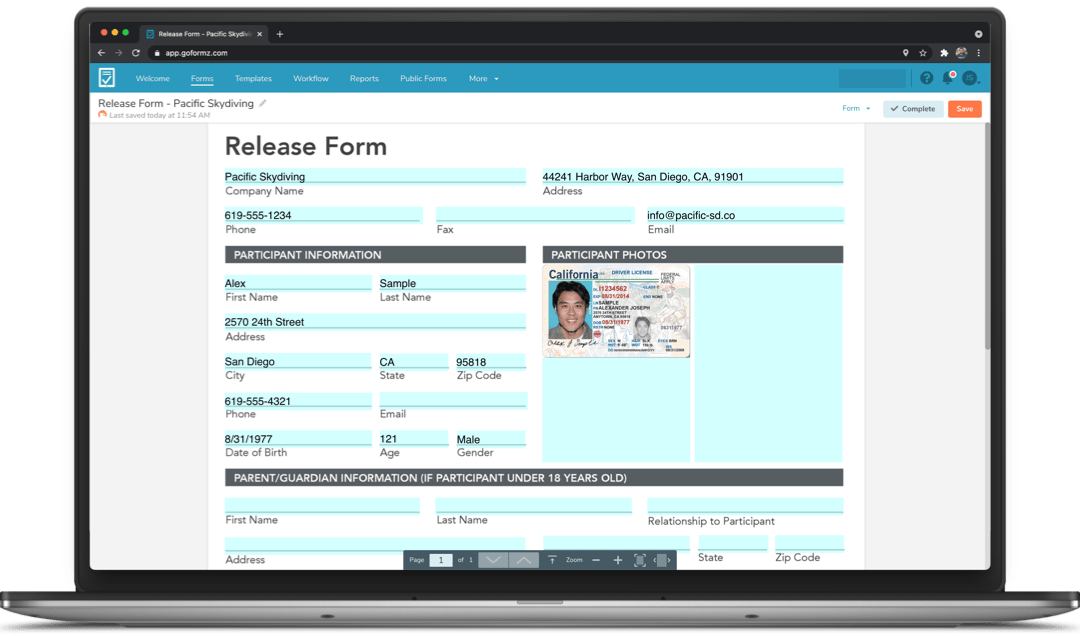 A digital release form being filled out on a laptop