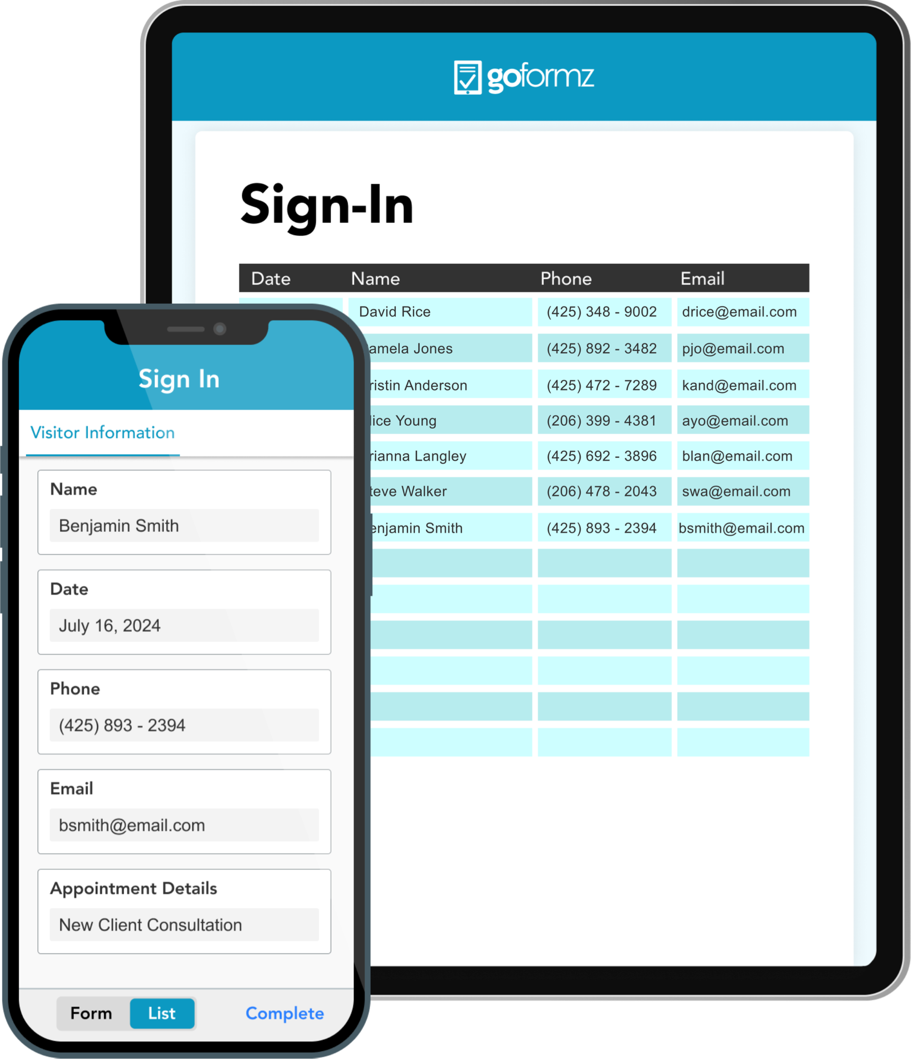 An electronic sign-in sheet in list view being filled out in the GoFormz iOS app on an iPhone X