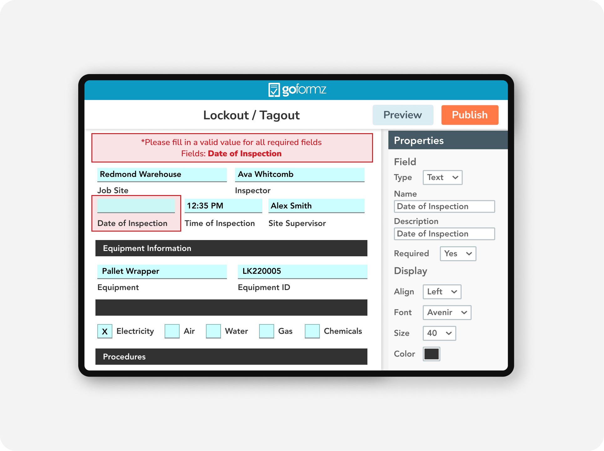 Smart Lockout Tagout (LOTO) compliance form with required fields, validation rules, and electronic Signature fields in GoFormz.