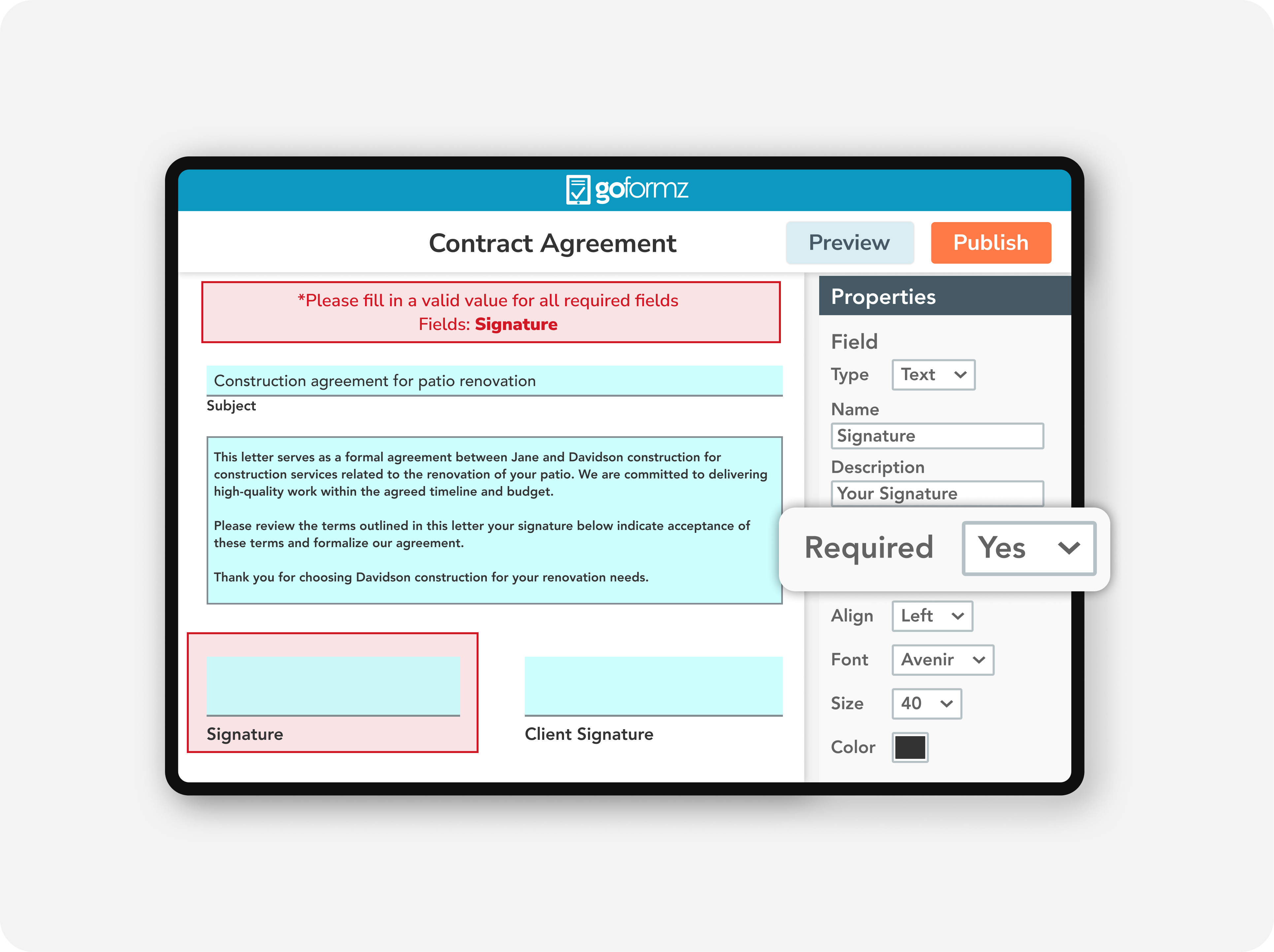 GoFormz audit trail showing timestamped signatures, version history, and Form History for compliance verification.
